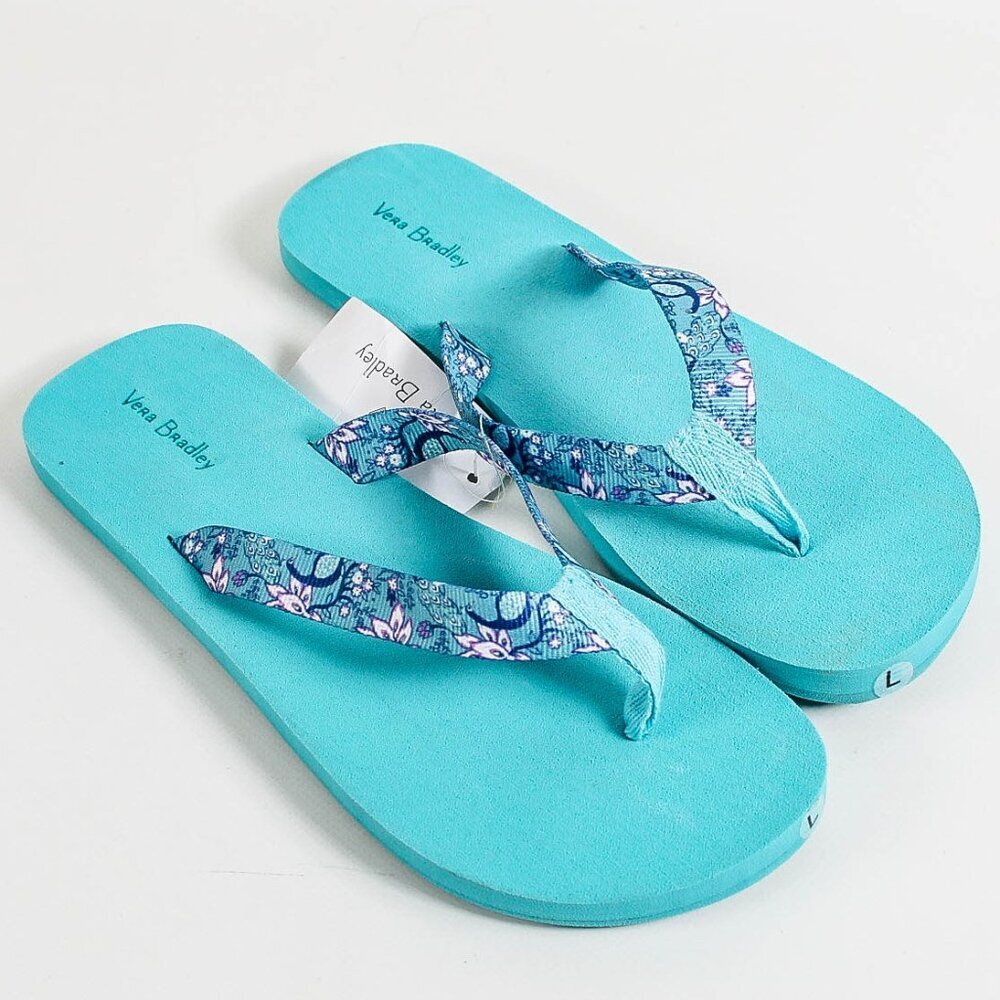 NWT Vera Bradley Webbing Strap Flip Flops Peacock Garden Blue L 9-10